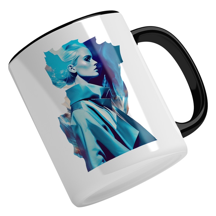 Cana Cu Portret Fata Cu Palton, Lumina Albastra, Arta Abstracta, Multicolor, 330 ml, Maner Negru