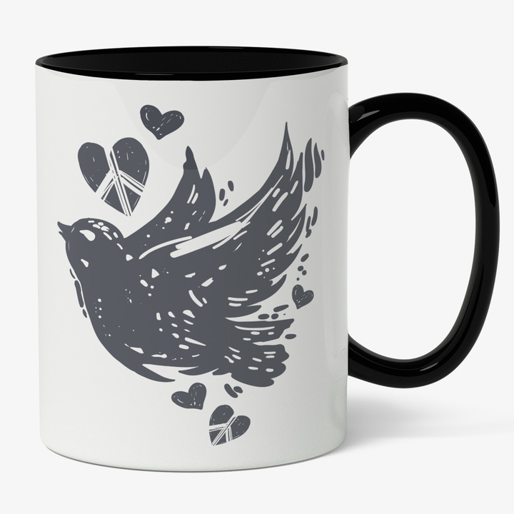 Cana Cu Porumbel Inconjurat De Inimioare, Hope, Simbol Pace, Iubire, Bucurie, Gri, 330 ml, Maner Negru