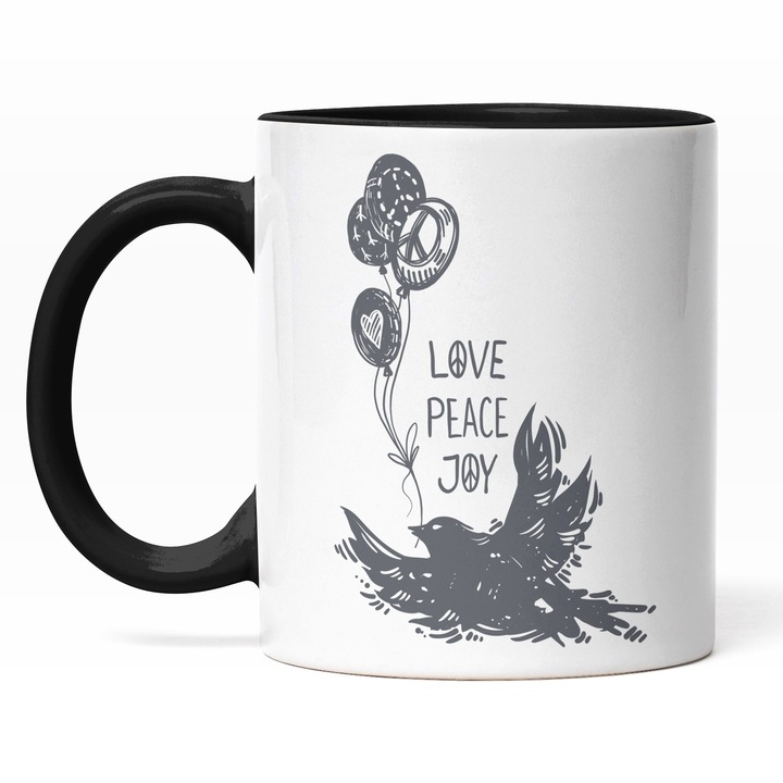 Cana Cu Mesajul Love Peace Joy, Pasare, Baloane In Zbor, Pace, Iubire, Bucurie, Gri, 330 ml, Maner Negru