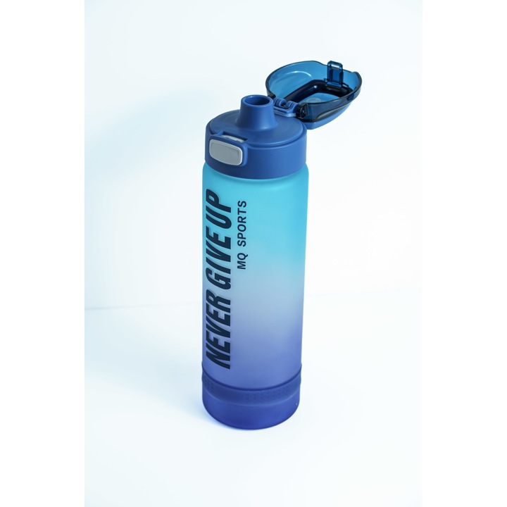 Inspirációs vizes palack fitneszhez vagy kempingezéshez CeMaCo, 1L - NeverGiveUp motivációs üzenet, kék/Mov színű