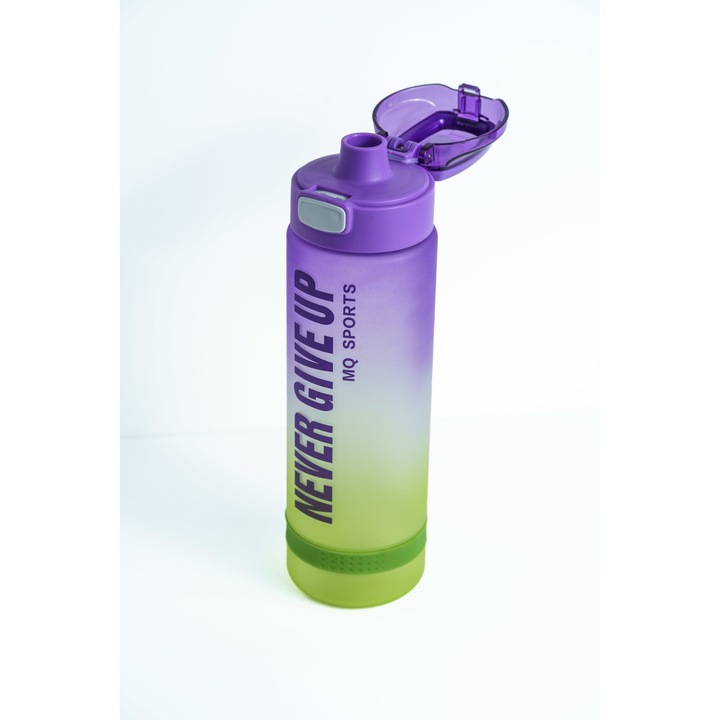 Inspirációs vizes palack fitneszhez vagy kempingezéshez CeMaCo, 1L - NeverGiveUp motivációs üzenet, lila/zöld színűek