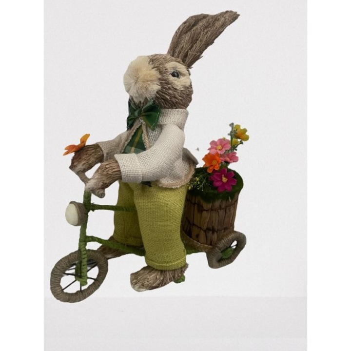 Figurina Decorativa, Iepuras pe bicicleta cu cosulet de flori, 45 cm