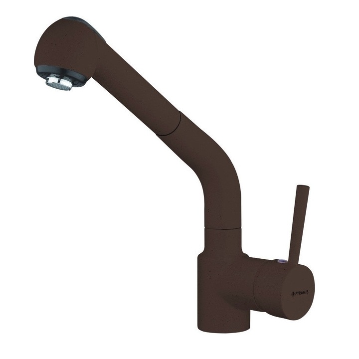 Кухненски смесител Pyramis BALATA, едноръкохватков, покритие шоколадов гранит, изтеглящ се, висок кран