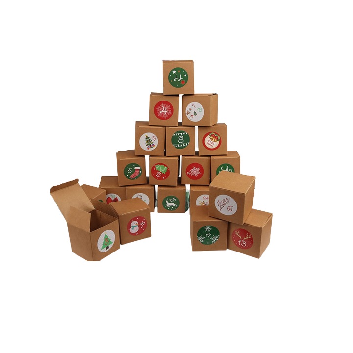 Set de 24 cutii si 24 stickere pentru calendarul de advent Yisscen, hartie/PVC, multicolor, 14 x 7 x 7 cm