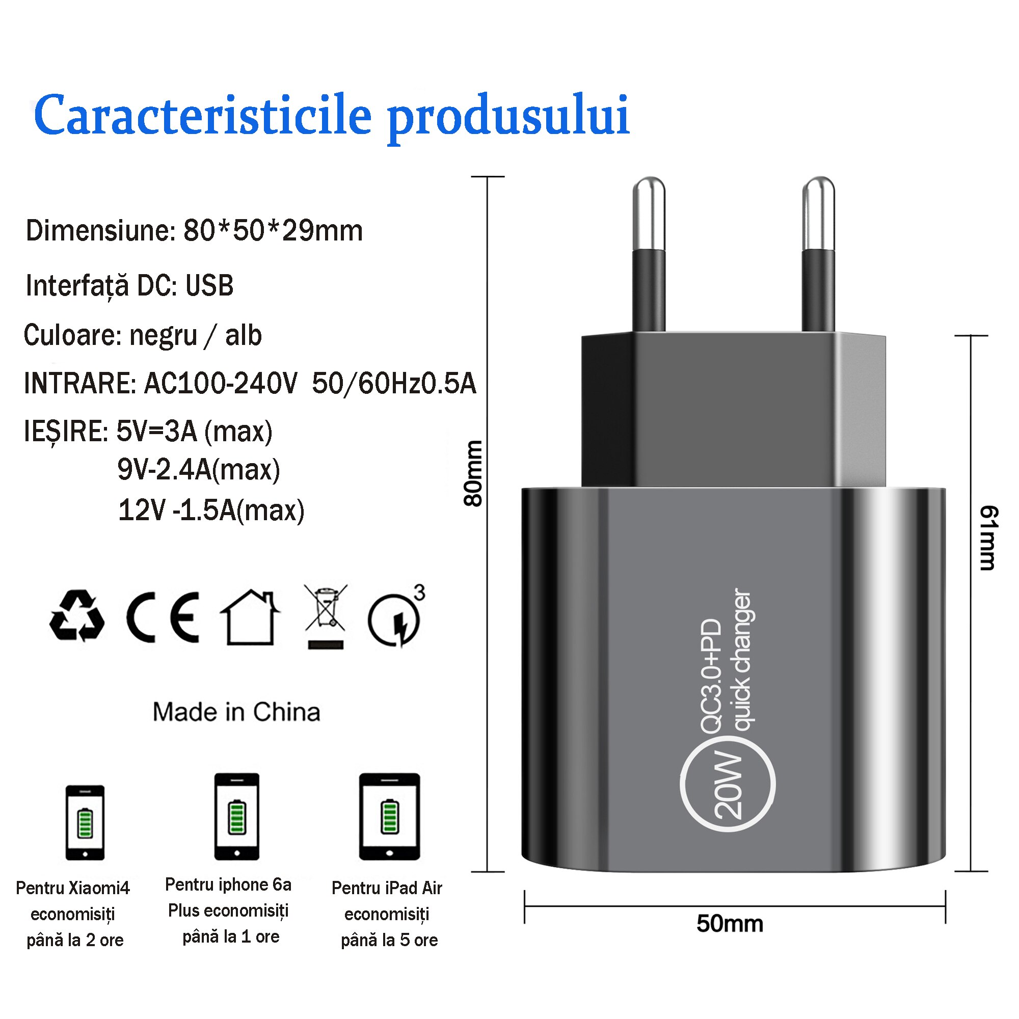 CUKIN 3-портово интелигентно USB зарядно устройство с USB зареждане 1x ...