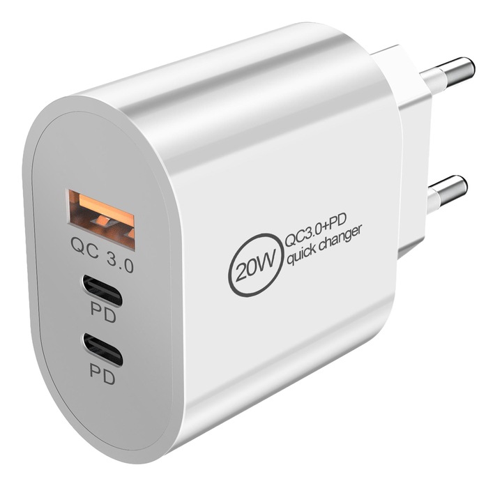 CUKIN USB hálózati töltő, 3 port, USB töltés 1/USB 3.0/2x USB Type-C, univerzálisan kompatibilitás, fehér