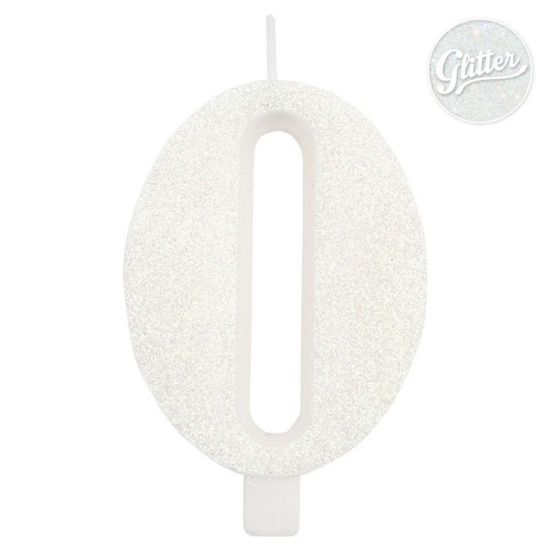 Lumanare aniversara cifra 0 cu sclipici - 9.5 cm, Alb, Radar 50800