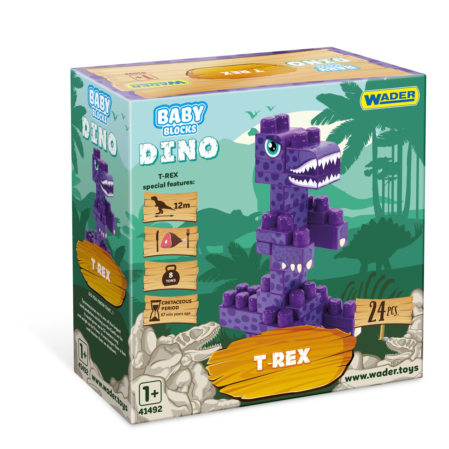 Set constructie Dino T-Rex, Wader, 24 piese, Plastic, Mov/Alb