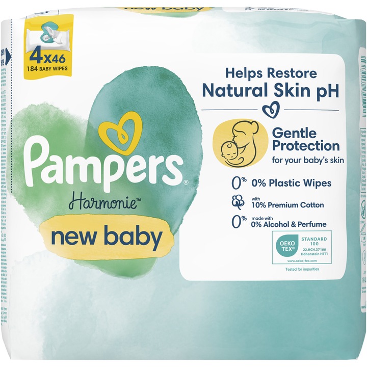 Мокри кърпички Pampers Harmonie New Baby, 4 опаковки x 46, 184 броя