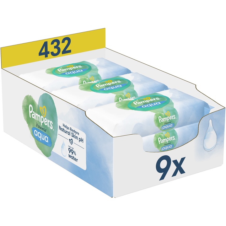 Мокри кърпички Pampers Harmonie Aqua, 0% пластмаса, 9 пакета x 48, 432 броя