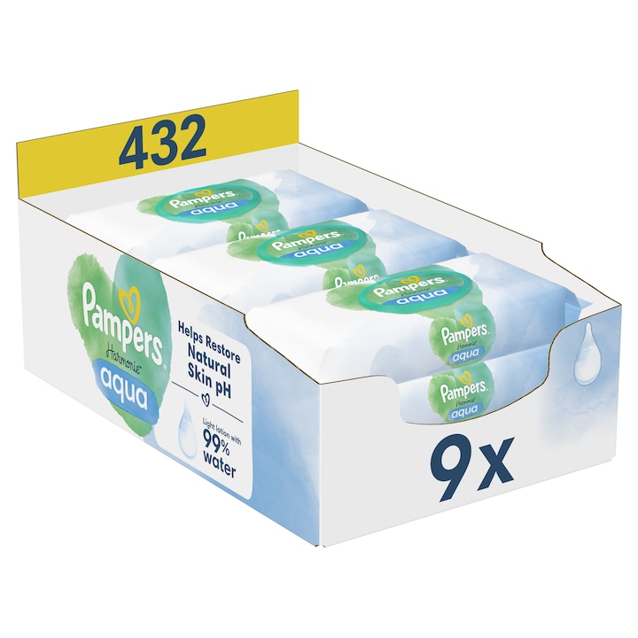 Мокри кърпички Pampers Harmonie Aqua, 0% пластмаса, 9 пакета x 48, 432 броя
