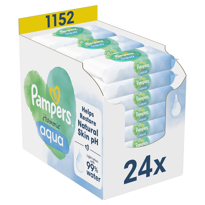 Мокри кърпички Pampers Harmonie Aqua, 0% пластмаса, 24 пакета x 48, 1152 броя