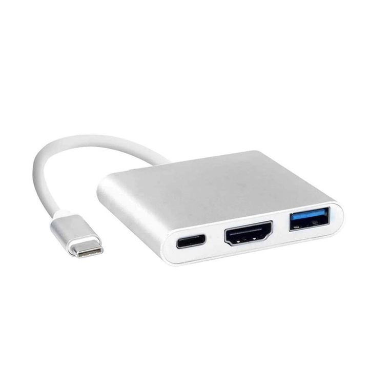 Adaptor Hub 3 in 1, USB-C 3.1, HDMI 2.0 4K 3D, USB 3.0, 100W Power Delivery Port, Alb