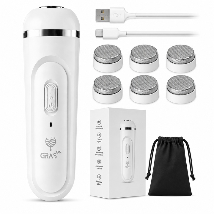 Pila Electrica pentru Talpi si Calcaie Gras-ON™, Acumulator 2200 mAh, Viteza 5500 rpm, 180 min Timp Functionare, Incarcator USB-C, Husa de transport si 6 Capete incluse, Alb