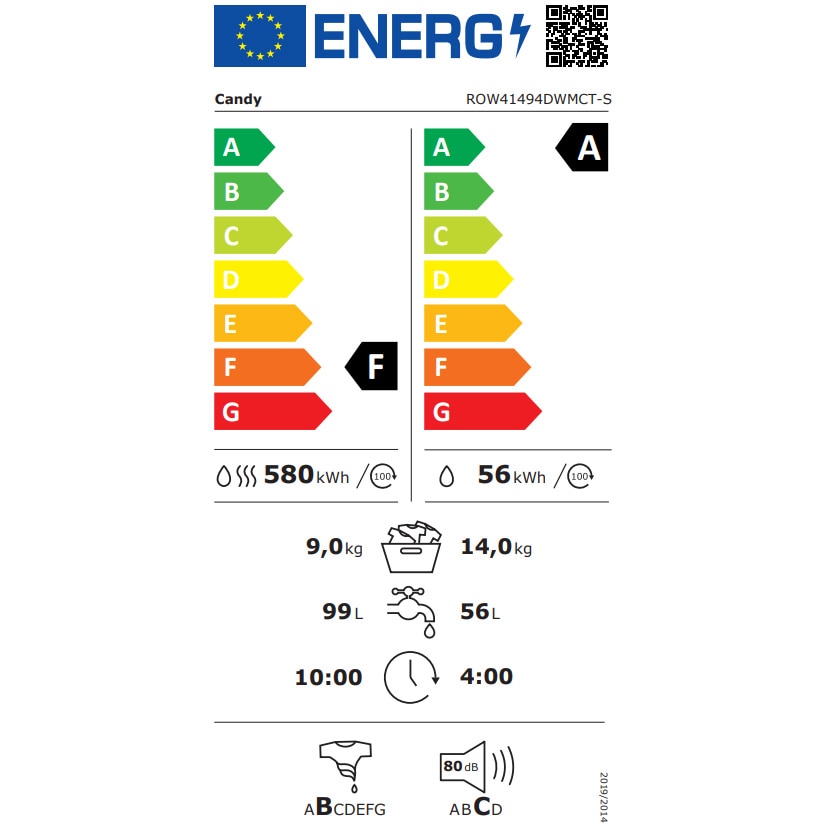 Masina de spalat rufe cu uscator Candy Rapido ROW41494DWMCT-S, Spalare 14 kg, Uscare 9 kg, 1400 RPM, Clasa A, Wi Fi, Quick & Clean, Motor Inverter, Steam, Alb