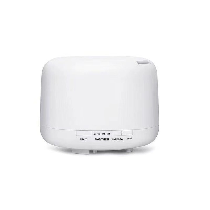 Aromaterápiás diffúzor/ultrahangos párásító, VANTHEIR távirányítóval, éjszakai fény, LED 7 szín, csendes, 500 ml, autonómia 10 óra, otthoni, irodai, SPA, fehér