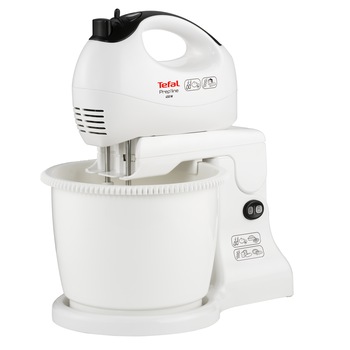 Mixer cu bol Tefal Prepline HT413, 450 W, bol rotativ 2.5L, 5 viteze + turbo, palete inox, picior plastic, pahar gradat, spatula, Alb Mixer cu bol Tefal Prepline HT413, 450 W, bol rotativ 2.5L, 5 viteze + turbo, palete inox, picior plastic, pahar gradat, spatula, Alb