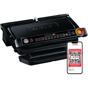 Gratar electric Tefal OptiGrill GC714834, 2000W, 6 programe automate, senzor pentru grosimea alimentelor, mod manual cu 4 trepte de temperatura, placi detasabile antiaderente, tava colectoare grasime, negru