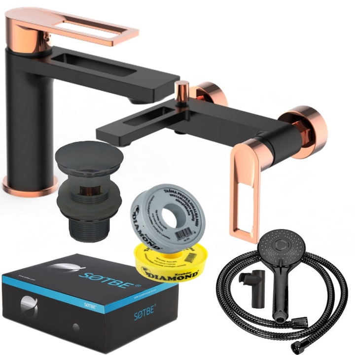 Robinet cada montat pe perete + robinet lavoar pe picioare ROSE GOLD, SOTBE, LOFT SVART GOLD, materiale durabile, rezistente la rugina, cap ceramic, alama, consum redus de apa