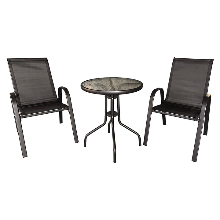 Set mobilier gradina Savona Heinner, masa diametru 60 cm si 2 scaune 70x56x90 cm, otel si textil, negru
