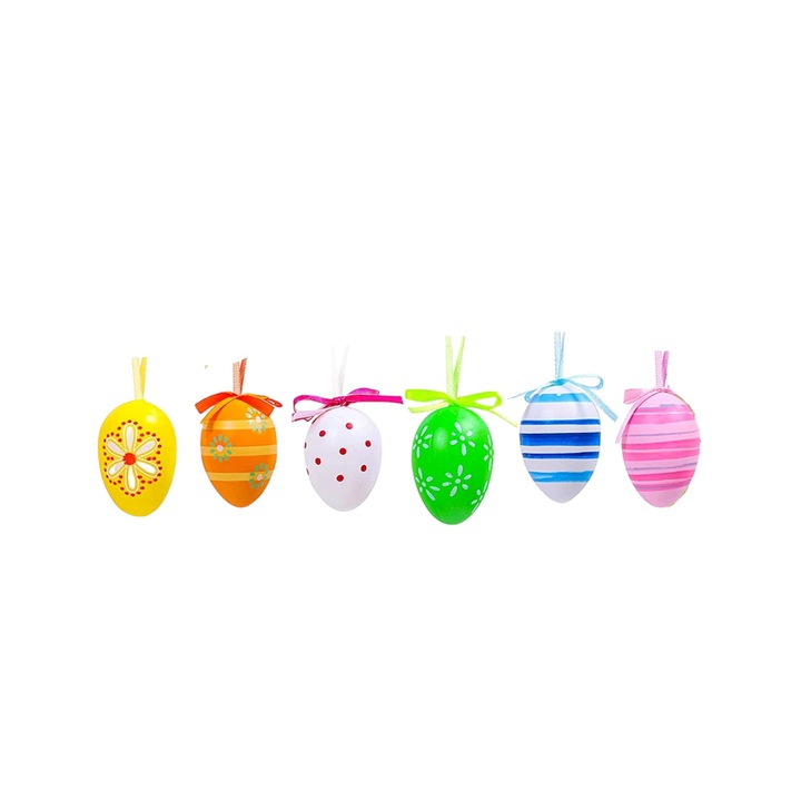 Set 6 oua de Paste, decorative, din plastic cu panglica pentru agatat, multicolore, 6 x 4 cm