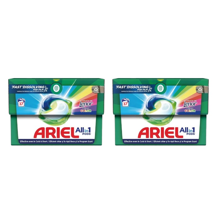 Комплект от 2 x Ariel All in One PODS Touch of Lenor Colour Detergent Capsules, Cold Boost, 37 пранета