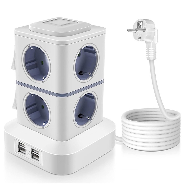 Удължител BYONDSELF, 4xUSB порта/8x AC контакта, 2500W, 1.6M, Бял