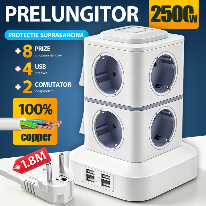 Prelungitor Tip Turn, BYONDSELF®, 4xUSB Porturi/8x Prize de Curent Alternativ, 2500W, 2 Comutatoare Independente, cu Protectie Copii, Protectie Suprasarcina, Protectie Impotriva Supratensiunii, 1.8M, Alb