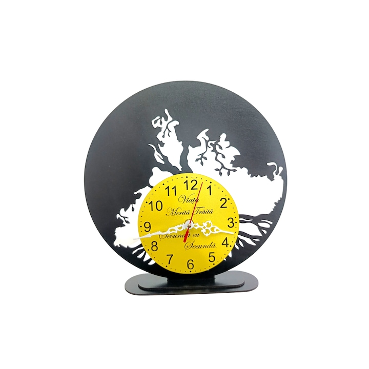 Ceas decorativ blank cu suport, cadran ceas galben, personalizat "Viata merita traita secunda cu secunda", baza pentru licheni stabilizati cu suport din lemn, negru, 30cm