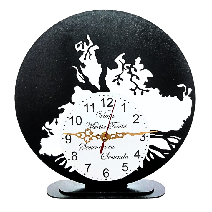Ceas decorativ blank cu suport birou copacul vietii, cadran ceas alb personalizat "Viata merita traita secunda cu secunda", baza cu suport din lemn, multicolor, 30cm