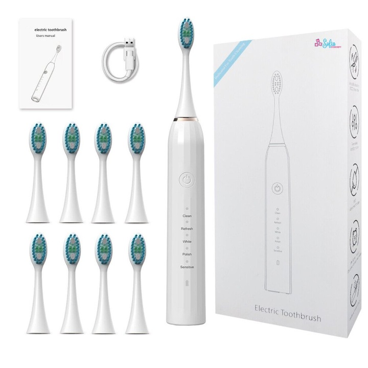 Periuta de Dinti Electrica SofiaCONCEPT®, 8 Capete Incluse, IPX7, Usb Type-C, 1200 Mah, 5 Moduri, 43000 Miscari/Min, Design Ergonomic, Timer de 2 minute, Alarma la 30 Secunde, White