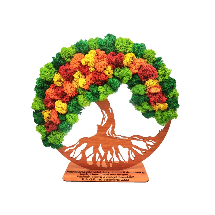 Decoratiune Copacul vietii cu licheni gravat cu mesaj de pensionare, Lemn, 30 cm