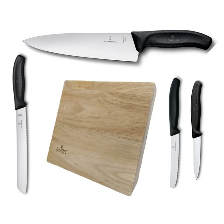 Set de 4 cutite si tocator, Victorinox, Inox, Negru