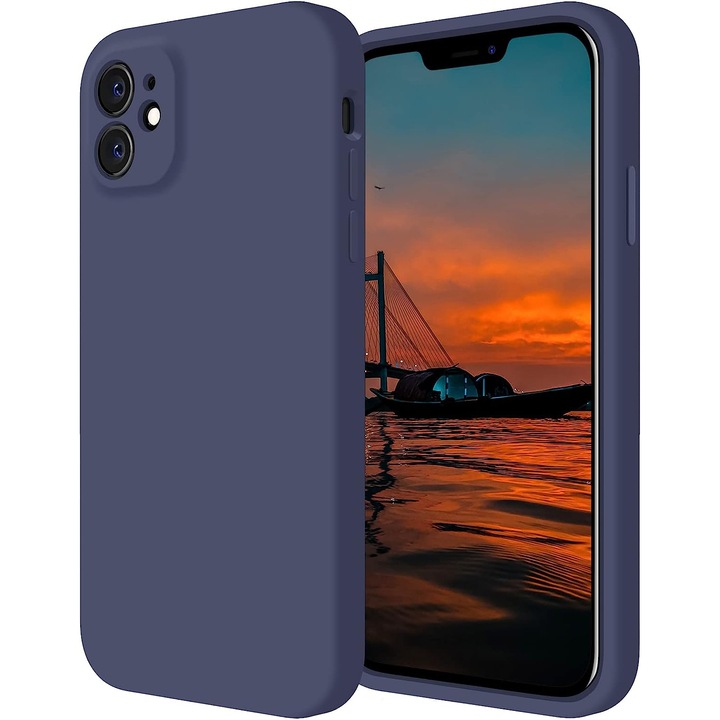 Мек силиконов калъф Daden®, съвместим с iPhone 12, вътрешност от микрофибър, защита на камерата, повишена защита, тъмно син