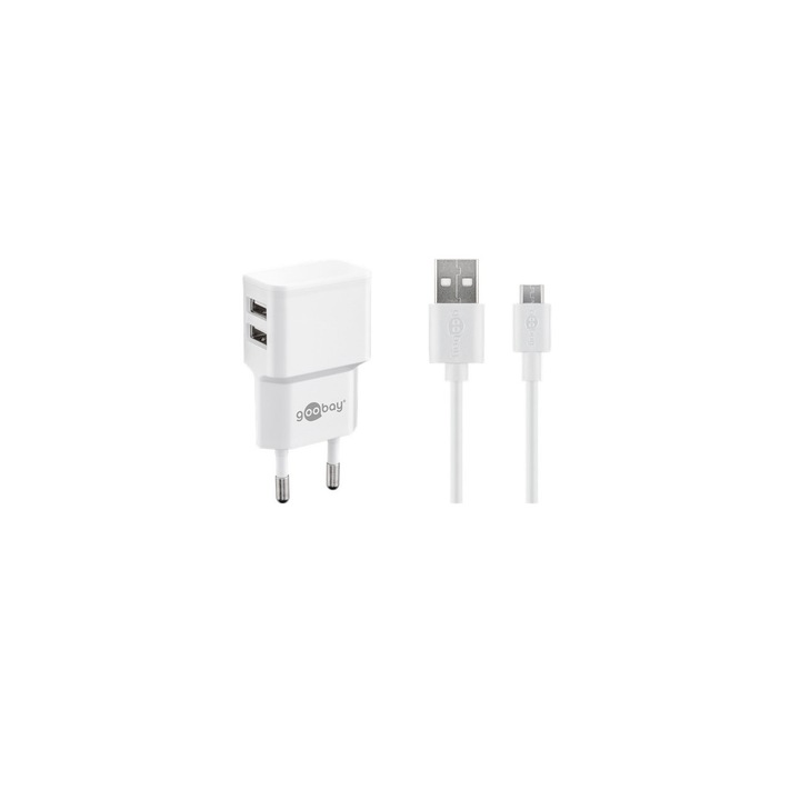 Goobay hálózati töltő, 2x USB-A 2.4A, micro USB kábel, fehér