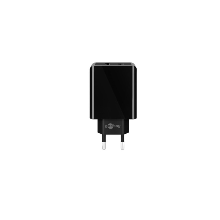 Goobay hálózati töltő, 1x USB-C PD, 1x USB-A, gyorstöltés, 28 W, fekete