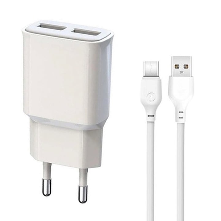 Мрежово зарядно устройство, включен USB-C кабел, ElectroCharge Trip, 2xUSB-A, адаптер 12W, 2A, бял