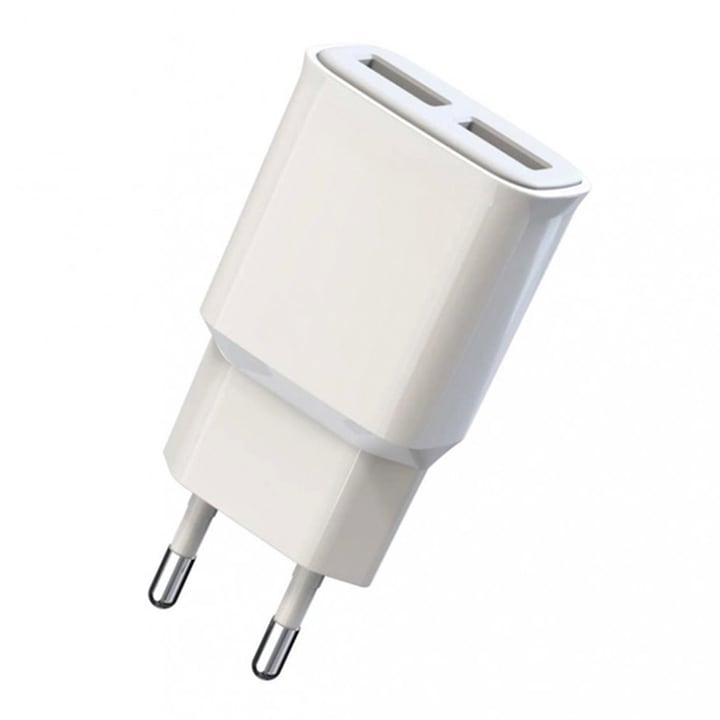 Мрежово зарядно, Micro-USB кабел включен, ElectroCharge Trip, 2xUSB-A, Адаптер 12W, 2A, Бял