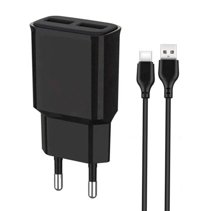 Мрежово зарядно устройство, включен USB-C кабел, ElectroCharge Trip, 2xUSB-A, адаптер 12W, 2A, черен