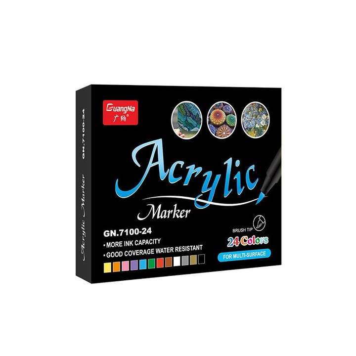 Set 24 markere multicolore, cu vopsea acrilica, varf 2mm, pentru hartie, piatra, sticla, ceramica, lemn, textile, panza