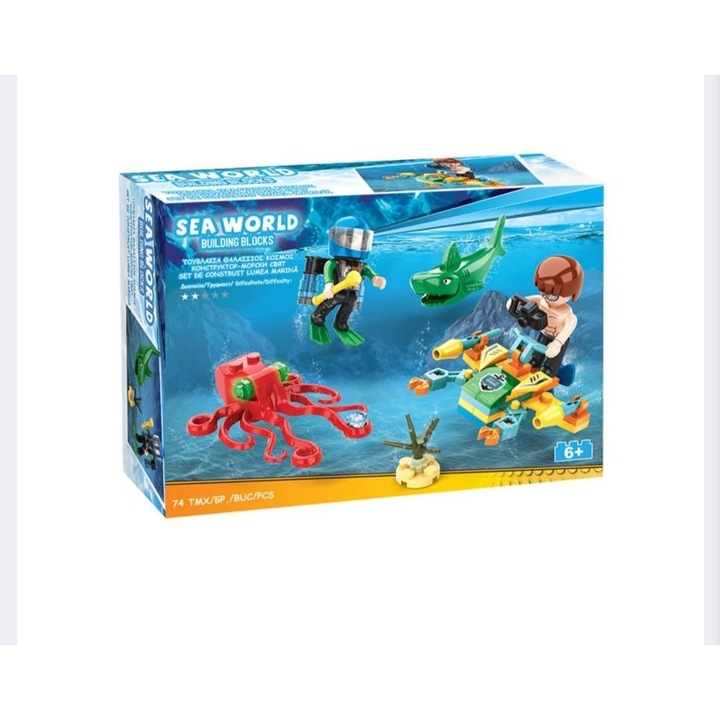 Készlet a tengeri világ felépítéséhez 2 figurával, csónakkal és halakkal, 74 darab