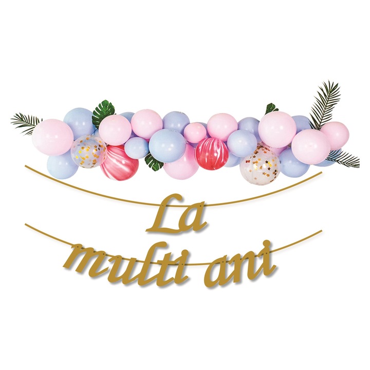 Set 35 baloane pentru aranjament tip semiarcada 1.5 m, cu ghirlanda La multi ani, Auriu antichizat