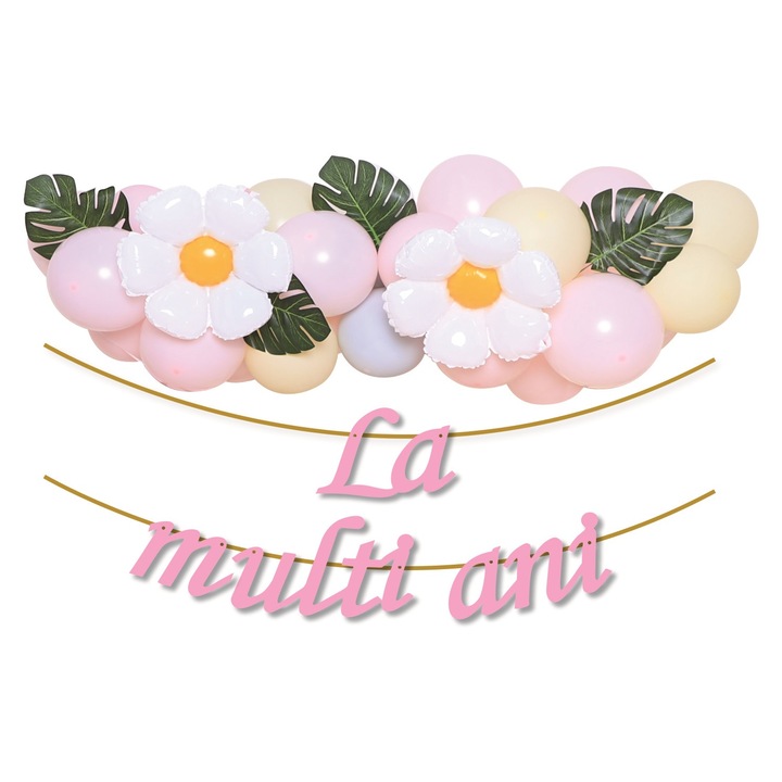 Set 35 baloane pentru aranjament tip semiarcada 1.5 m, cu ghirlanda La multi ani, Roz Camelia