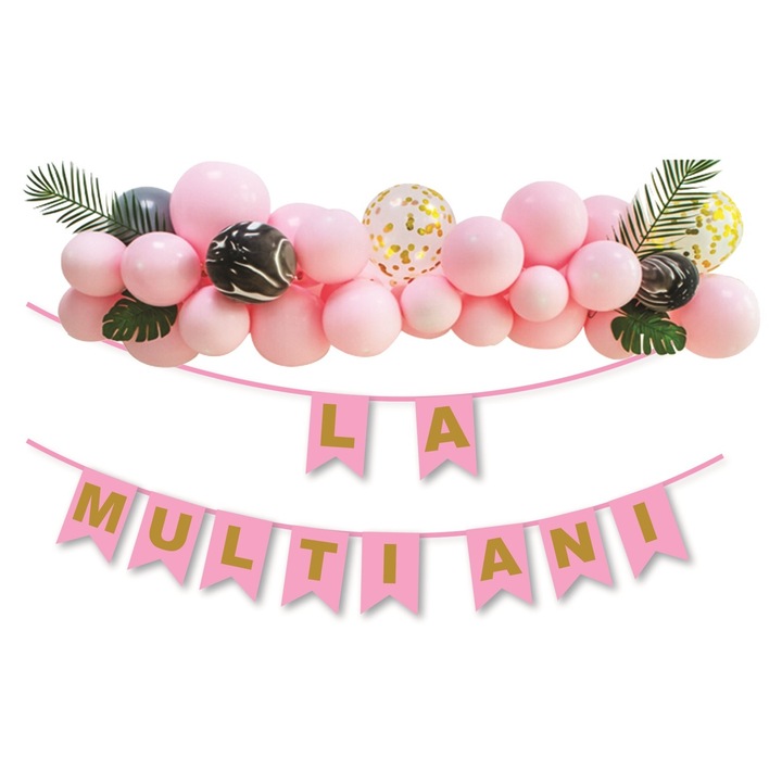 Set 35 baloane pentru aranjament tip semiarcada 1.5 m, cu ghirlanda La multi ani, Roz Bujor