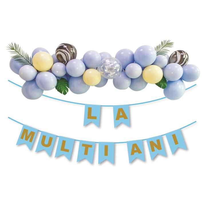 Set 35 baloane pentru aranjament tip semiarcada 1.5 m, cu ghirlanda La multi ani, Albastru Glossy