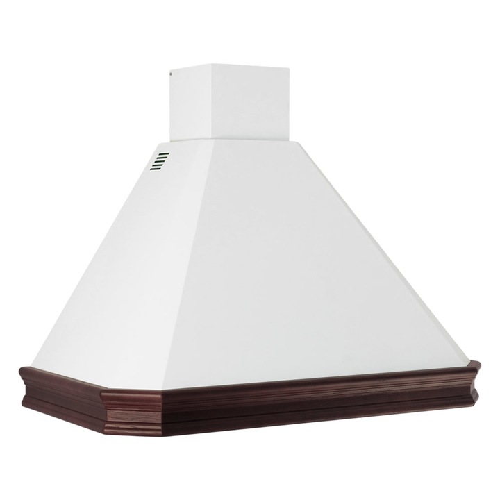 Hota decorativa rustica K Design Elisa 60 cm, putere de absorbtie 500 mc/h, finisaj alb, rama lemn natur