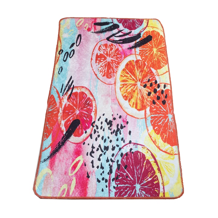 Covor bucatarie Kino Vitamine 60x100cm, poliester 100%, inaltime plus 6 mm, gramaj 800 g/mp, antialunecare, dos PVC cu puncte, culoare portocaliu, model citrice