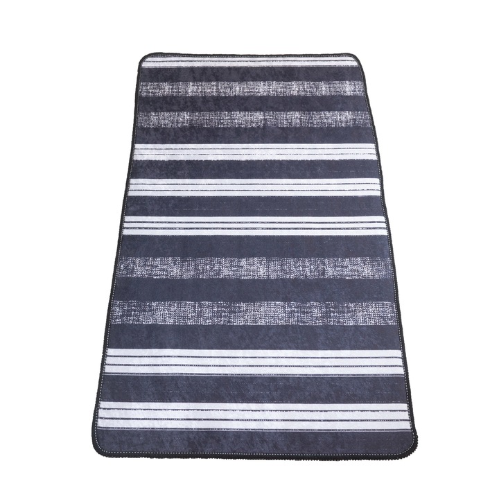 Covor bucatarie Kino Barcode 60x100cm, poliester 100%, inaltime plus 6 mm, gramaj 800 g/mp, antialunecare, dos PVC cu puncte, culoare gri si negru, model linii paralele
