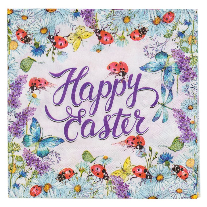 Set 20 de servetele masa de Paste cu 2 straturi Shopiens®, cu model buburuze, flori si mesaj Happy Easter, 33 x 33 cm