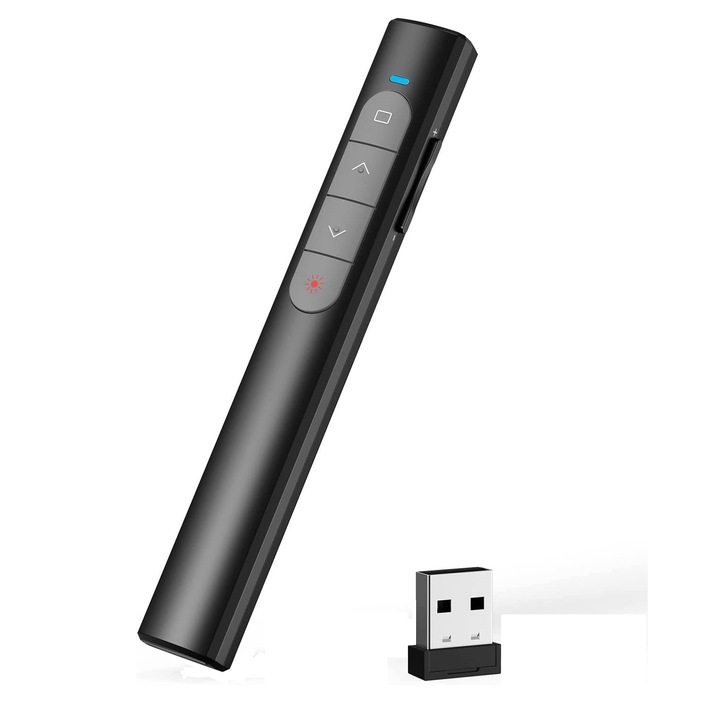 Skaaisont Vezeték nélküli prezentációs lézer, mutató USB 2,4 GHz-es, mutató oldal- és hangerőszabályzó gombokkal, 200 m, prezentációhoz, oktatáshoz, irodához, konferenciához